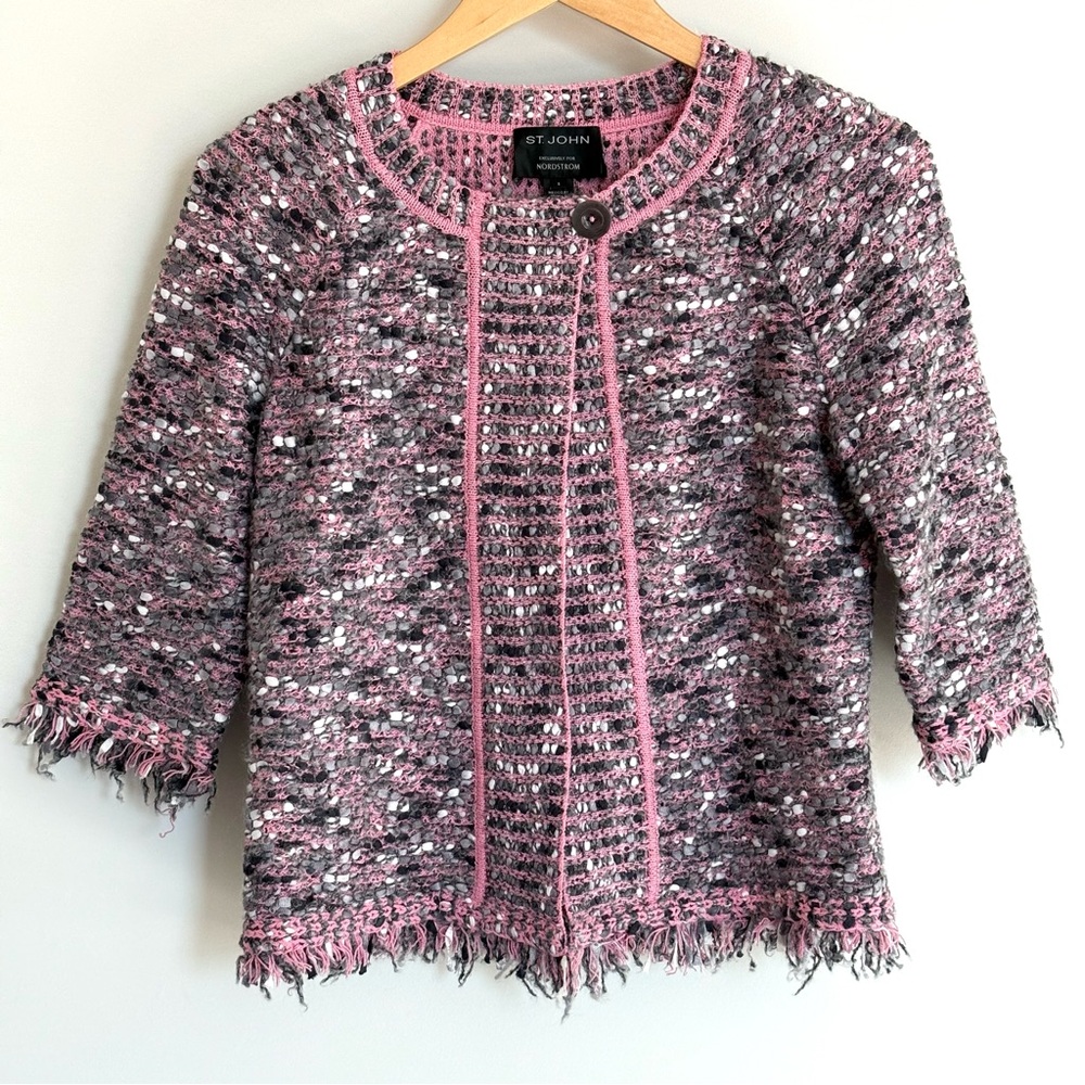 St. John Pink Black Grey Tweed Boucle Fringe Mohair Wool Blend Jacket Size 2